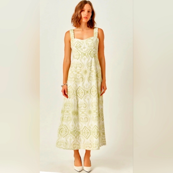 Endless Rose Green Pistachio Eyelet Embroidered White Cotton Maxi Dress Size M - Picture 5 of 16